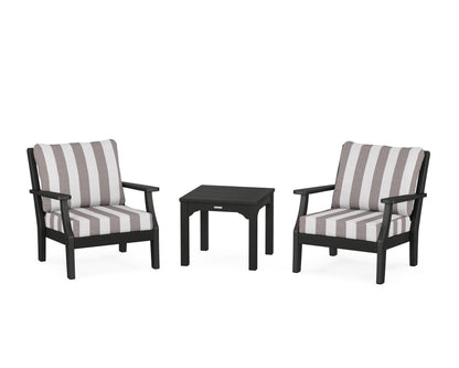 Martha Stewart by POLYWOOD® Chinoiserie 3-Piece Deep Seating Set in Black / Cabana Stripe Grey Mist