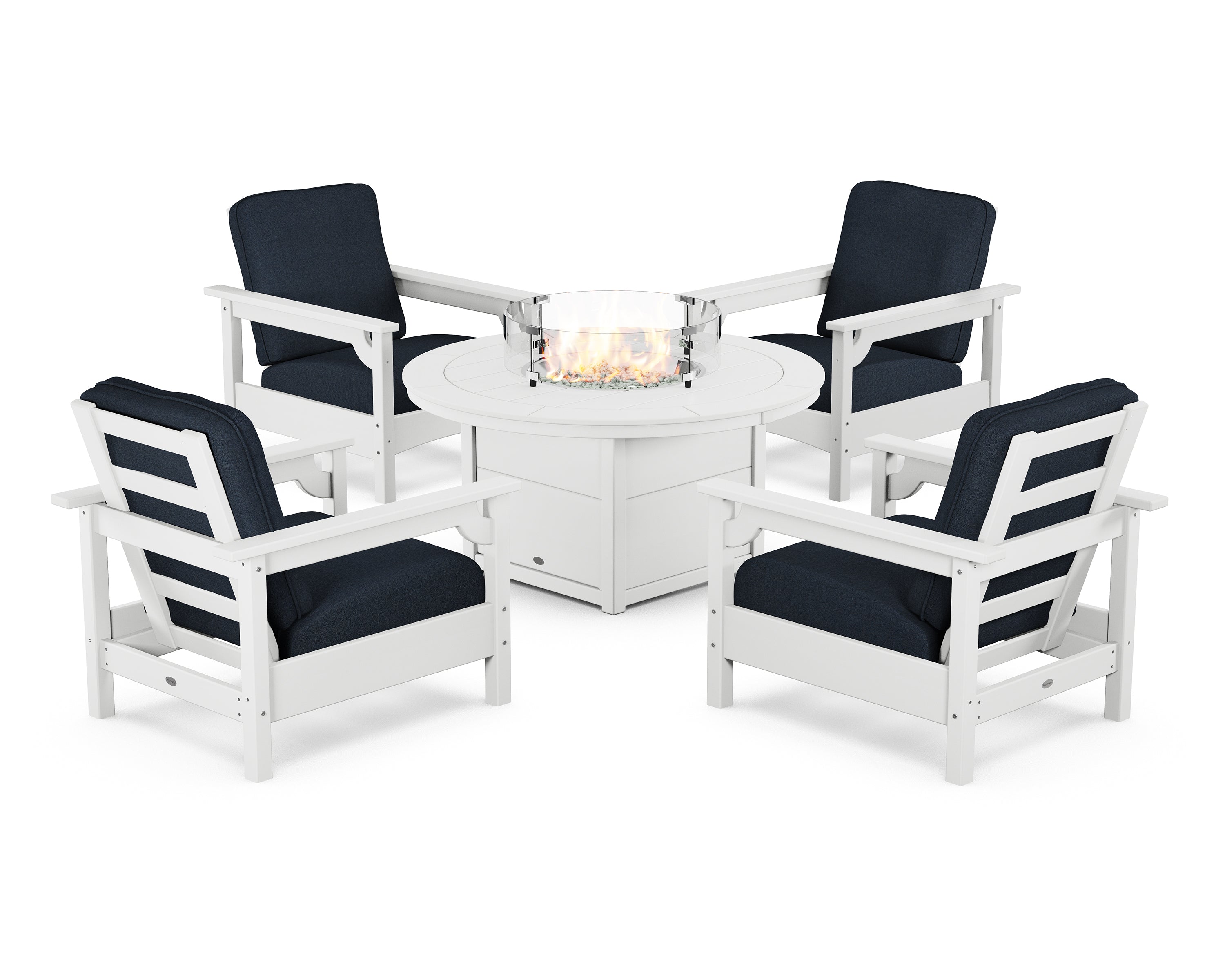 POLYWOOD® Club 5-Piece Conversation Set with Fire Pit Table in White / Marine Indigo