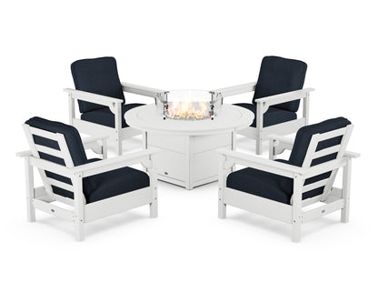 POLYWOOD® Club 5-Piece Conversation Set with Fire Pit Table in White / Marine Indigo