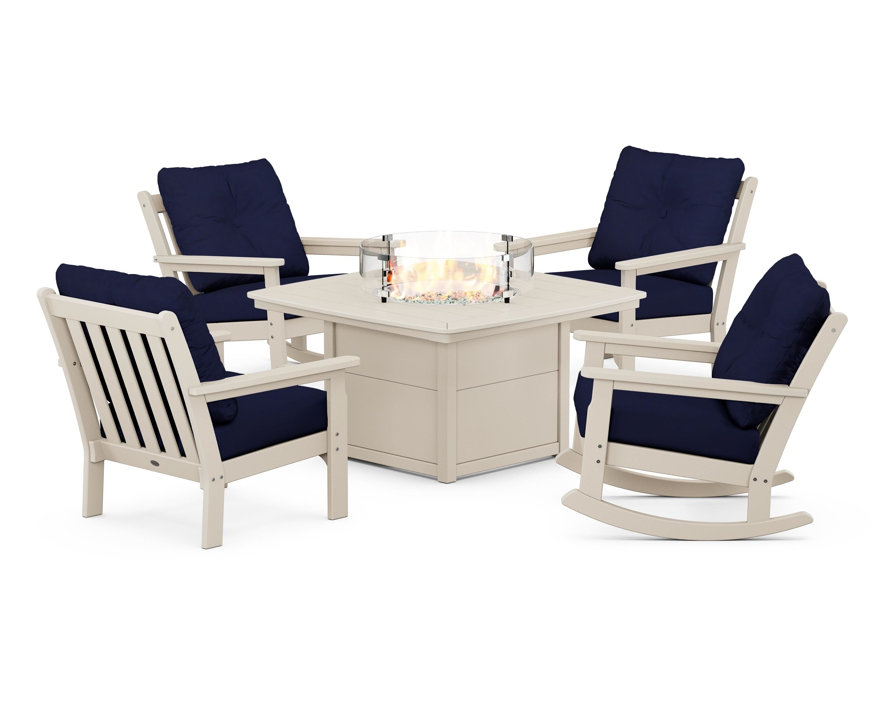POLYWOOD® Vineyard 5-Piece Deep Seating Rocking Chair Conversation Set with Fire Pit Table in Sand / Navy