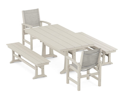 POLYWOOD® Coastal 5-Piece Farmhouse Dining Set with Trestle Legs and Benches in Sand / Birch Sling