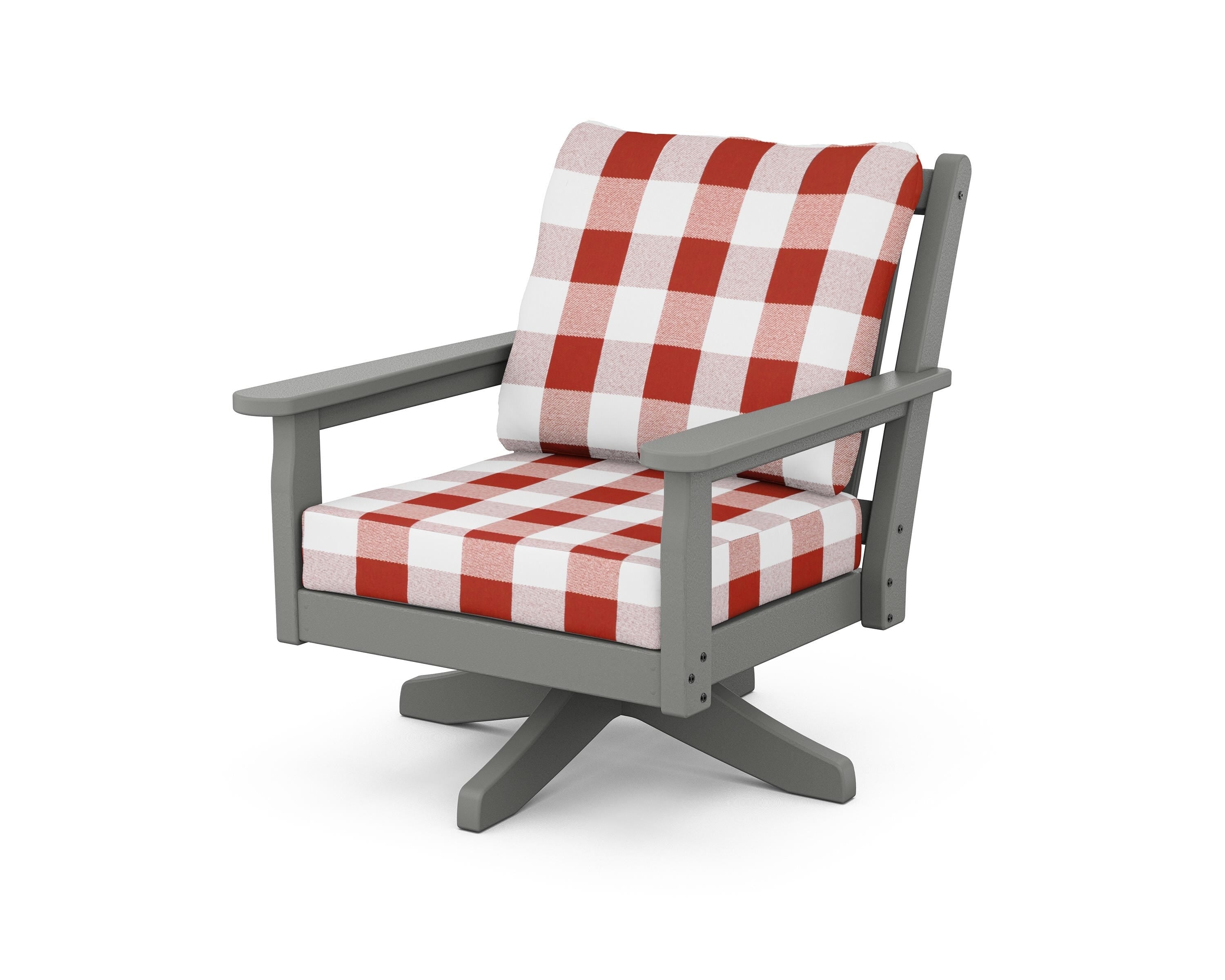 POLYWOOD® Chippendale Deep Seating Swivel Chair in Slate Grey / Buffalo Plaid Crimson
