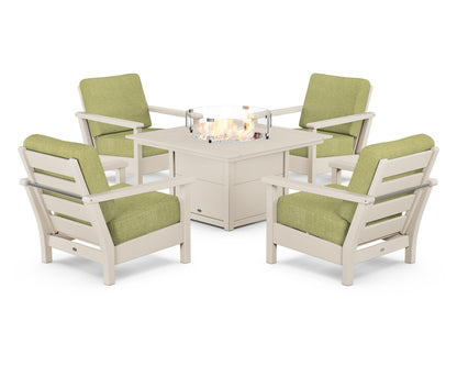 POLYWOOD® Harbour 5-Piece Conversation Set with Fire Pit Table in Sand / Chartreuse Boucle