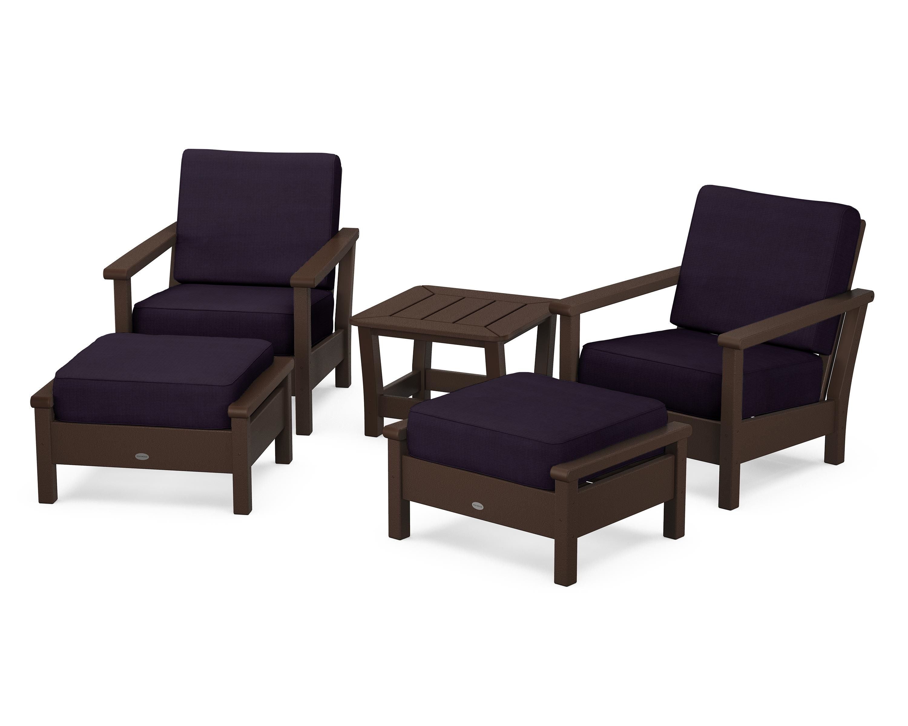 POLYWOOD® Harbour 5-Piece Deep Seating Chair Set in Mahogany / Navy Linen