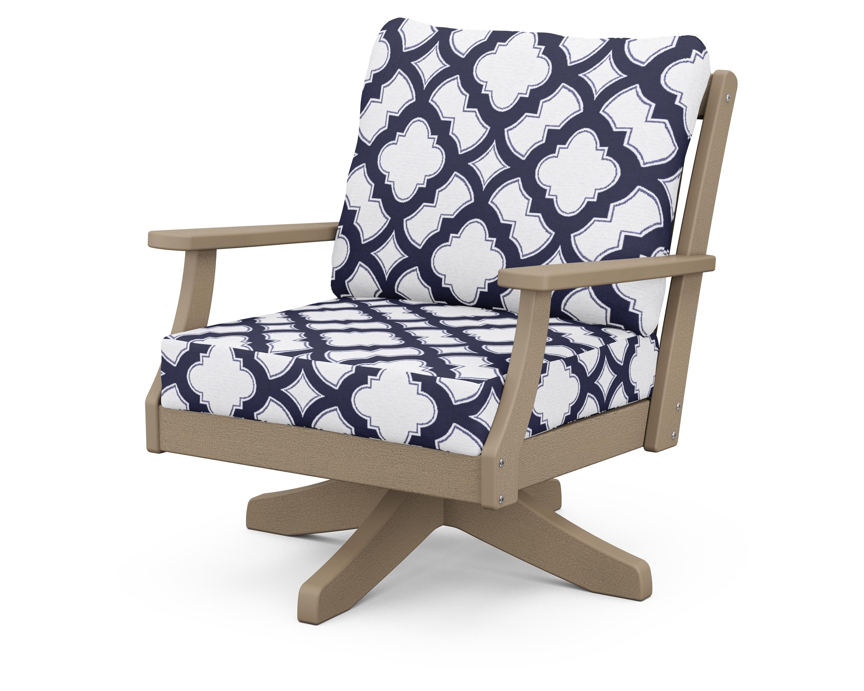 POLYWOOD® Braxton Deep Seating Swivel Chair in Vintage Sahara / Trellis Navy