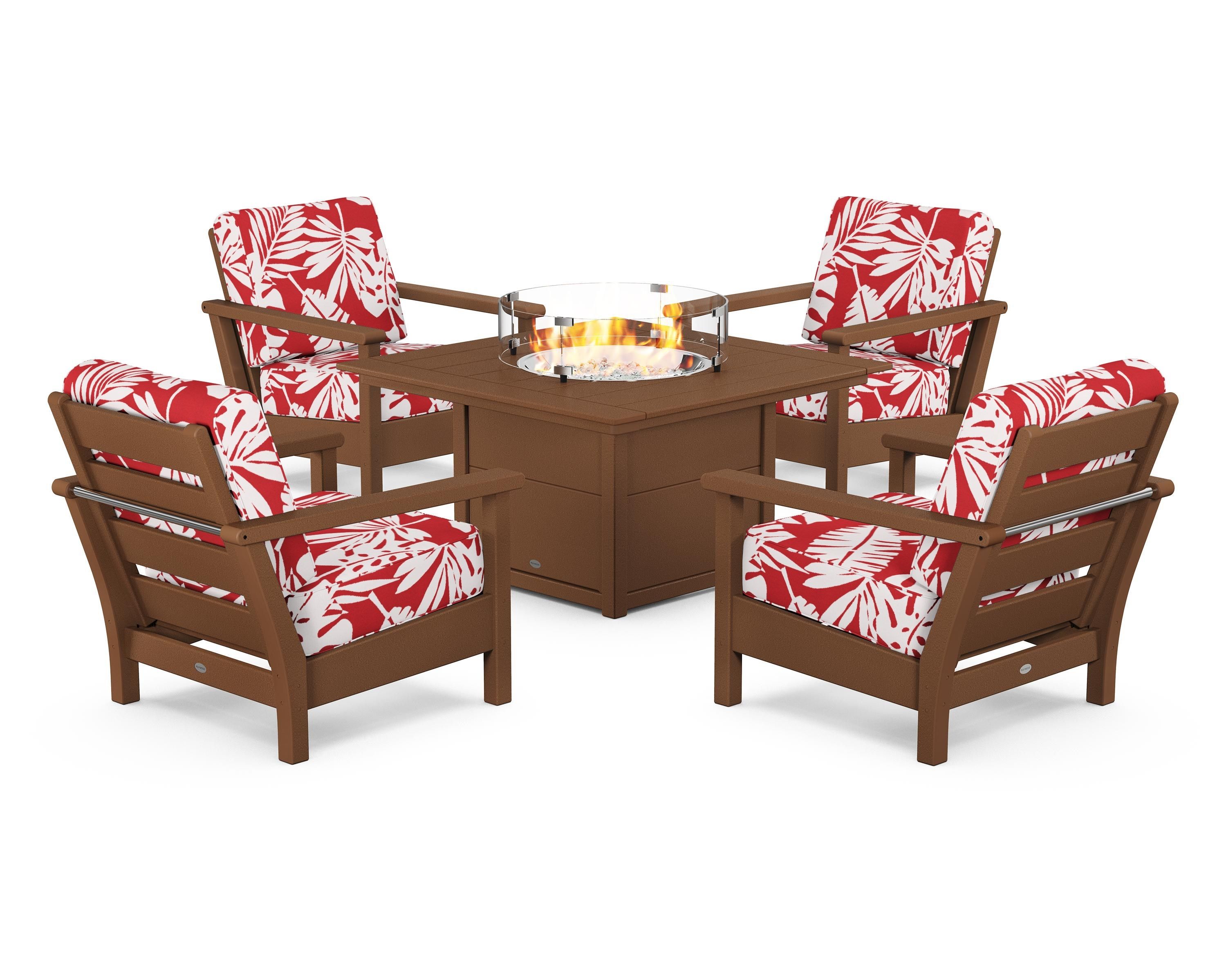 POLYWOOD® Harbour 5-Piece Conversation Set with Fire Pit Table in Teak / Leaf Crimson