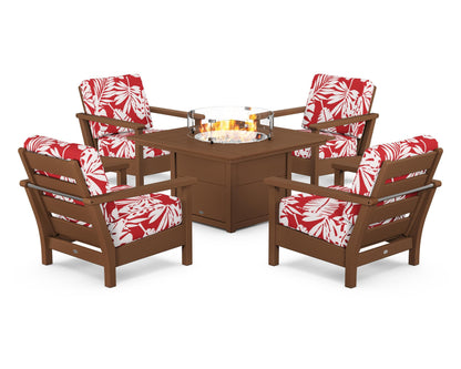 POLYWOOD® Harbour 5-Piece Conversation Set with Fire Pit Table in Teak / Leaf Crimson