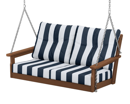 POLYWOOD® Vineyard Deep Seating Swing in Teak / Cabana Stripe Marine Indigo