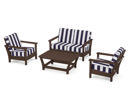 POLYWOOD® Harbour 4-Piece Deep Seating Set in Mahogany / Cabana Stripe Navy