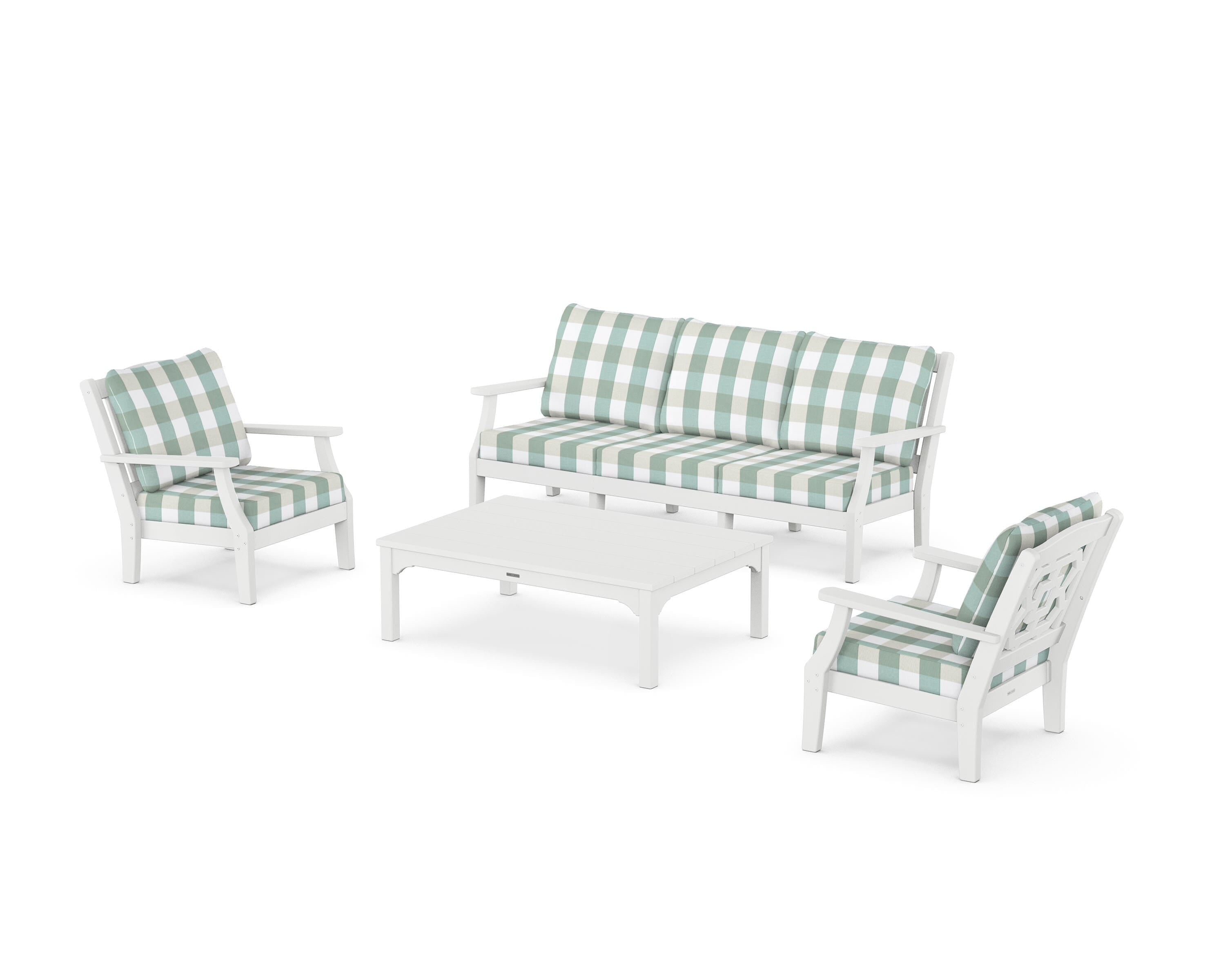 Martha Stewart by POLYWOOD® Chinoiserie 4-Piece Deep Seating Set with Sofa in White / Buffalo Plaid Glacier Spa