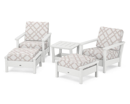 POLYWOOD® Harbour 5-Piece Deep Seating Chair Set in White / Trellis Dune Burlap