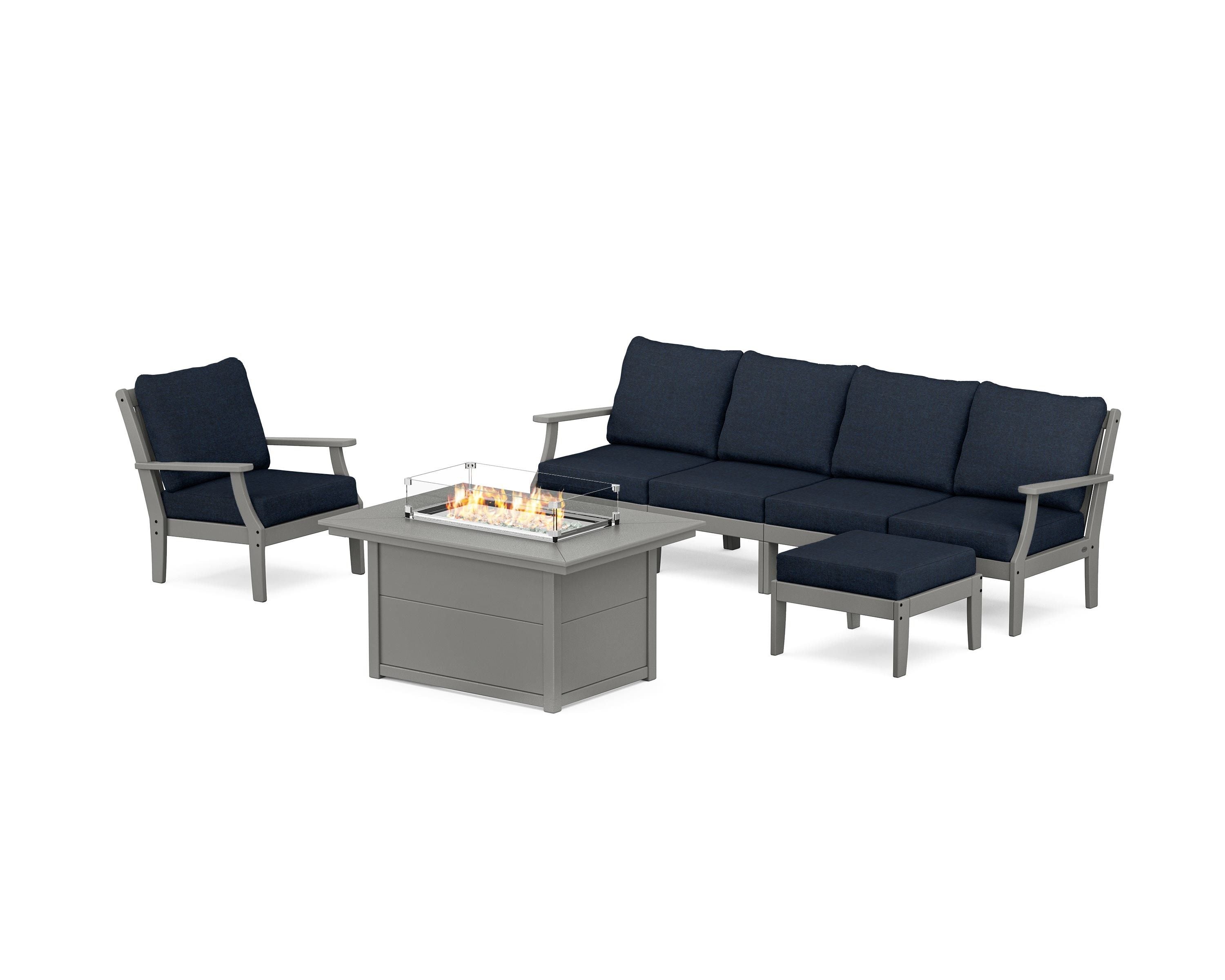 POLYWOOD® Braxton Sectional Lounge and Fire Pit Set in Slate Grey / Marine Indigo