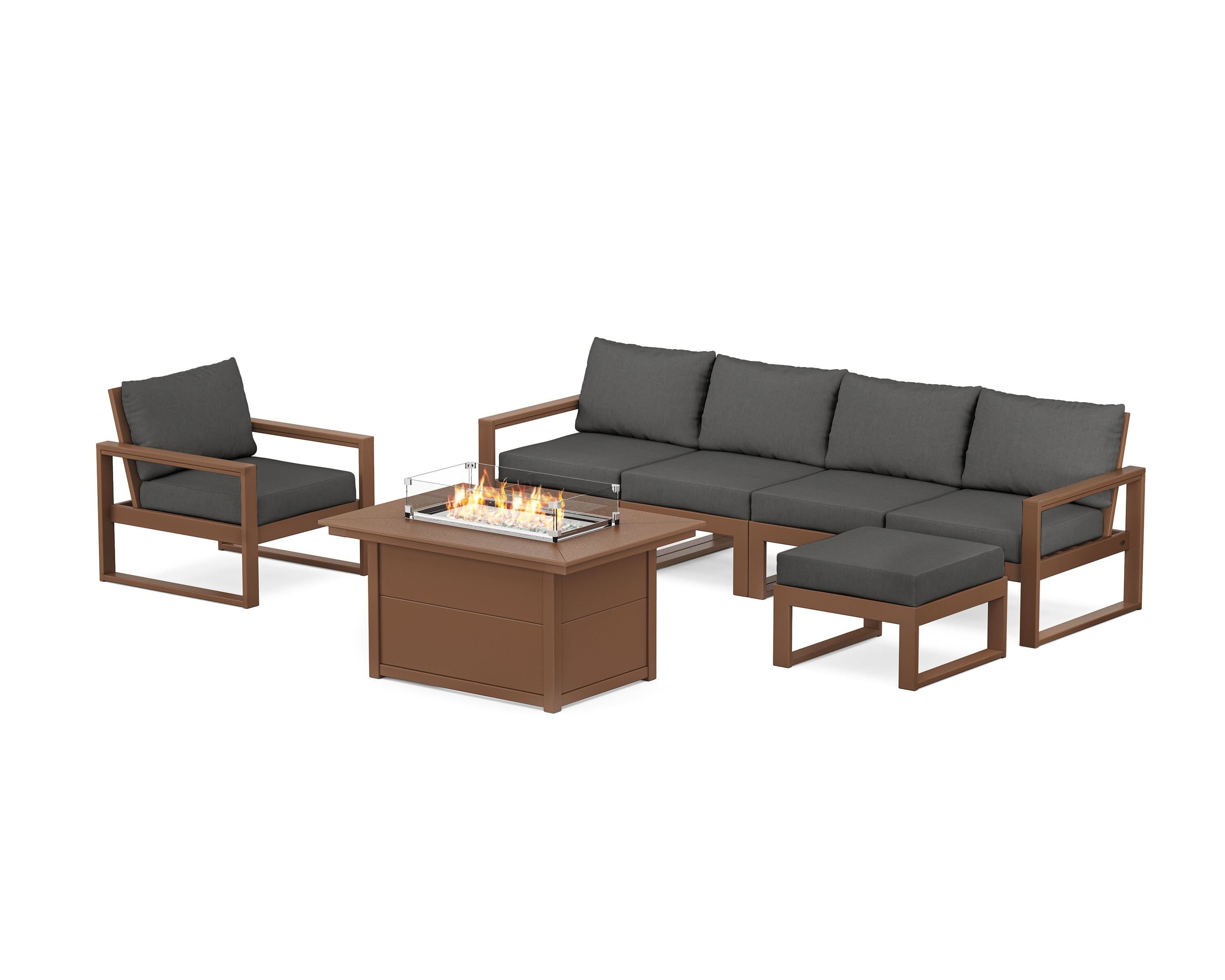 POLYWOOD® EDGE Sectional Lounge and Fire Pit Set in Teak / Spectrum Carbon