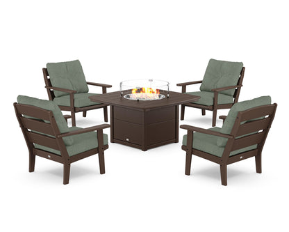 POLYWOOD® Lakeside 5-Piece Deep Seating Set with Nautical Fire Pit Table in Mahogany / Cast Sage