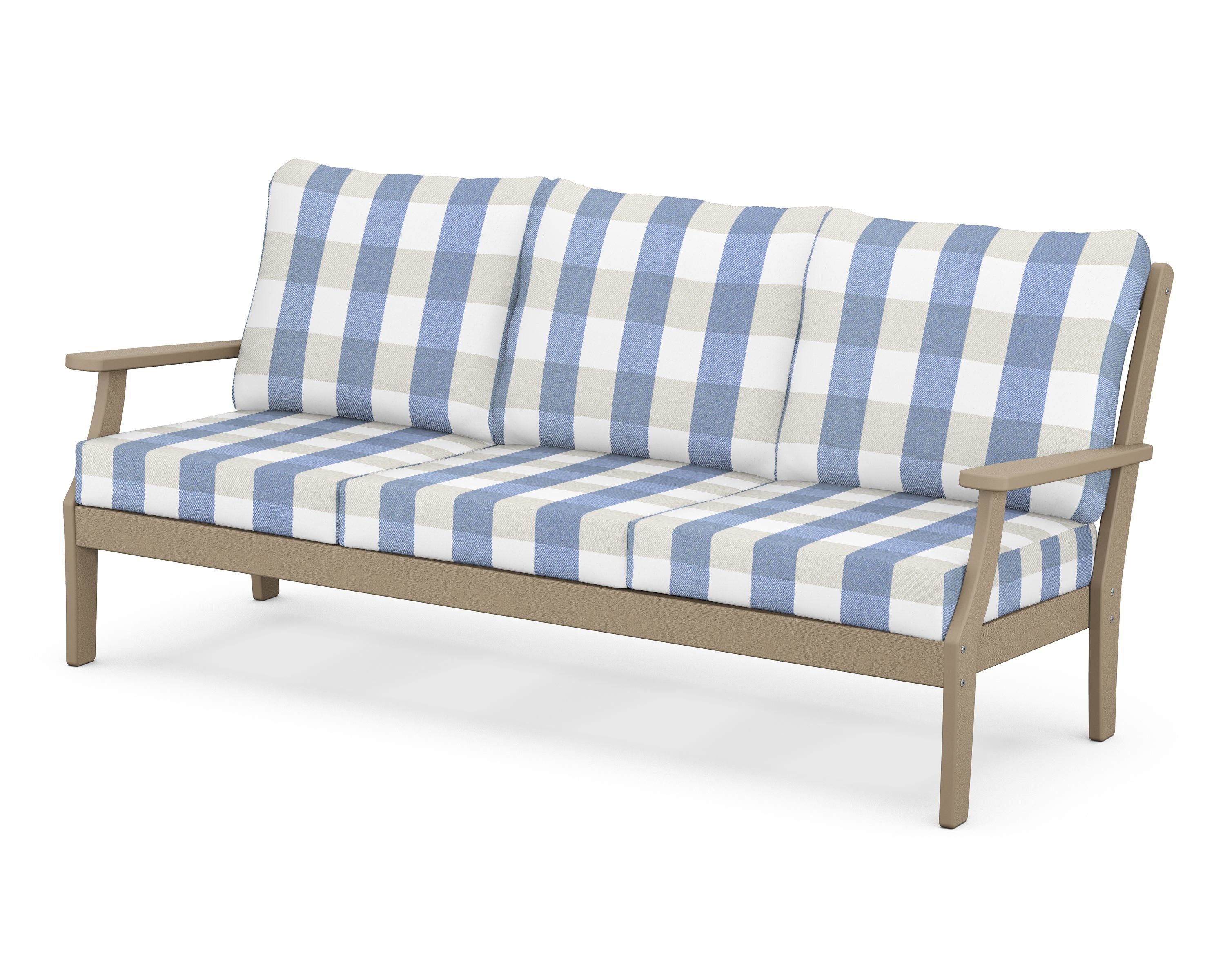 POLYWOOD® Braxton Deep Seating Sofa in Vintage Sahara / Buffalo Plaid Sky Blue