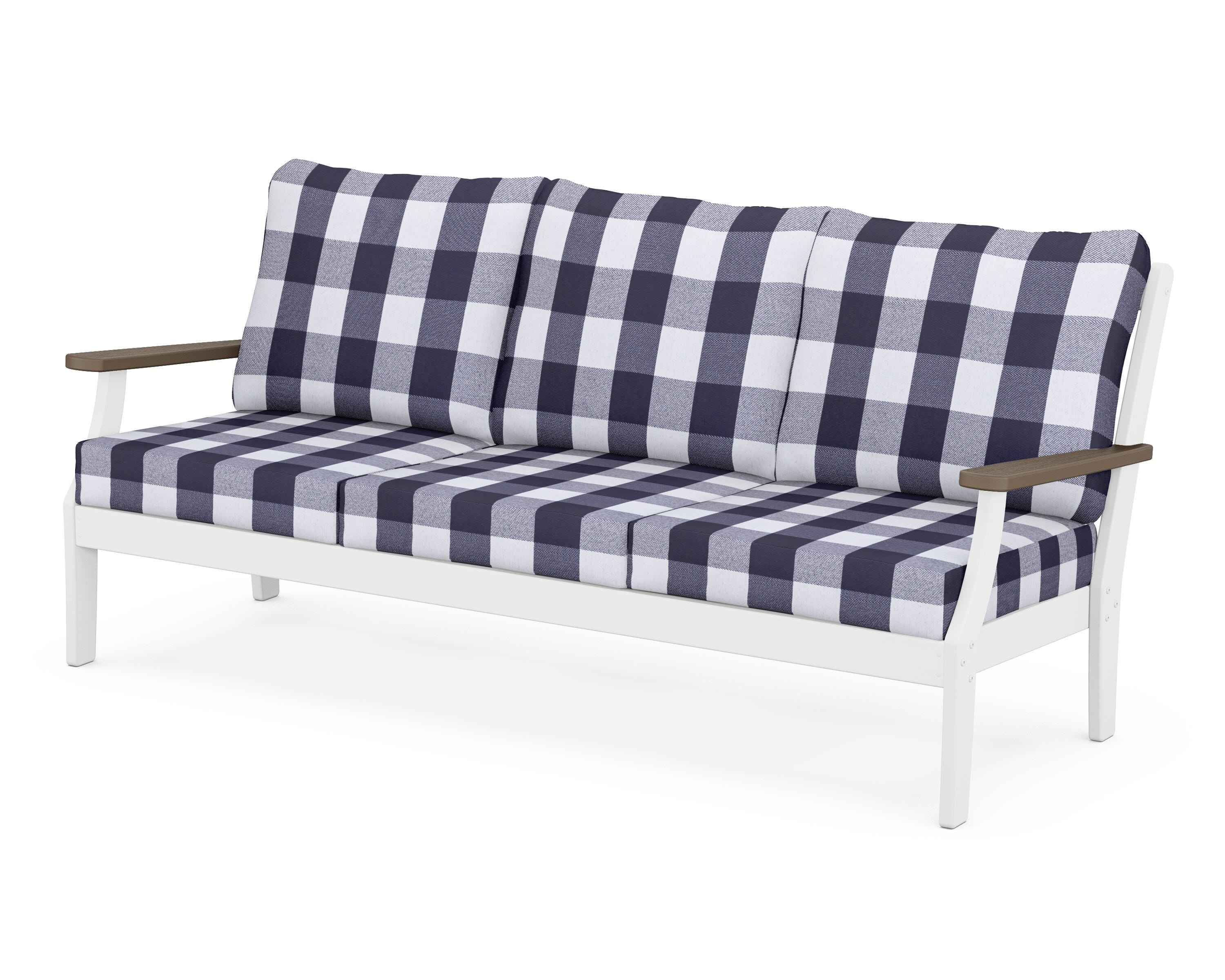 POLYWOOD® Braxton Deep Seating Sofa in White / Kona / Buffalo Plaid Navy