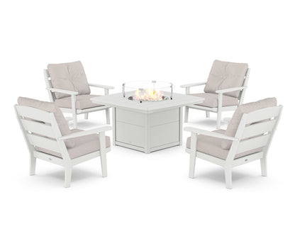 POLYWOOD® Lakeside 5-Piece Deep Seating Set with Nautical Fire Pit Table in White / Dune Burlap
