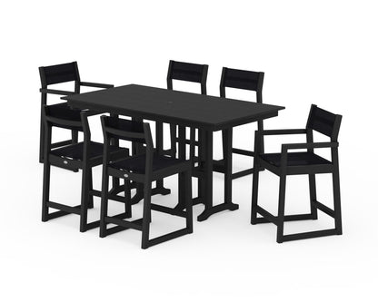 POLYWOOD® EDGE Sling 7-Piece Farmhouse Counter Set with Trestle Legs in Black / Black Sling