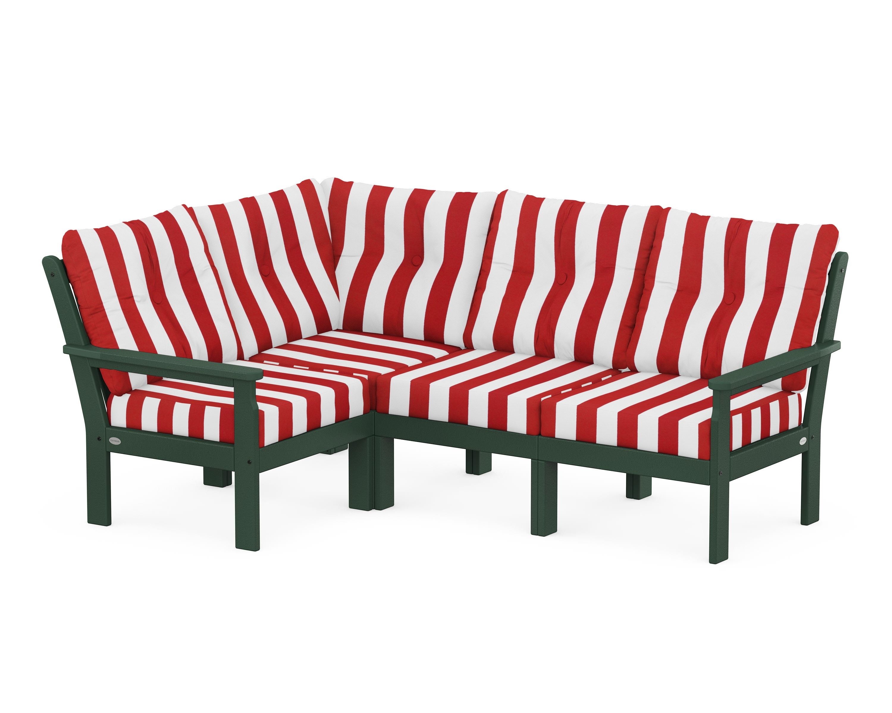 POLYWOOD® Vineyard 4-Piece Sectional in Green / Cabana Stripe Crimson