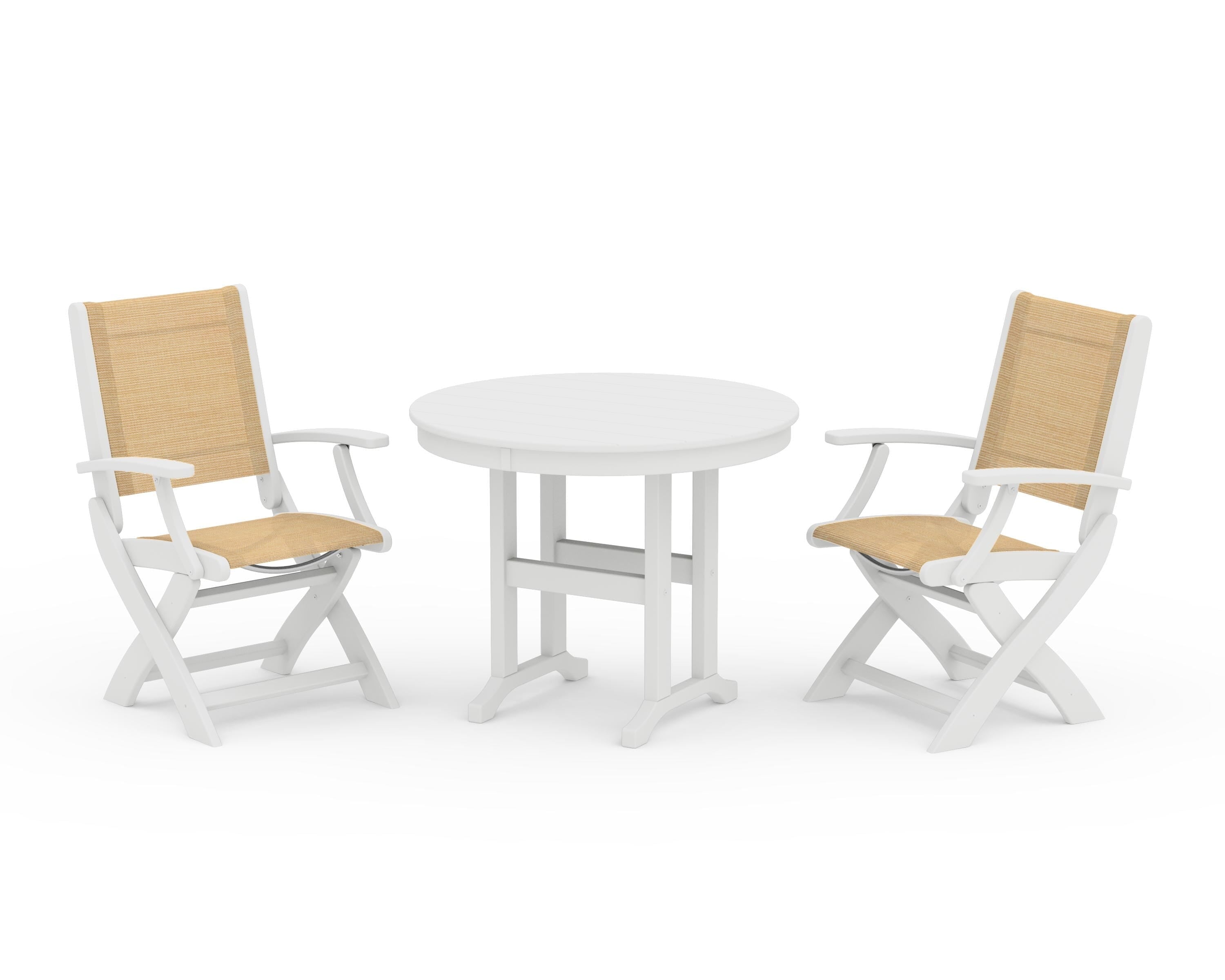 POLYWOOD® Coastal Folding Chair 3-Piece Round Dining Set in White / Dupioni Apricot Sling