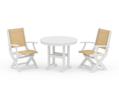POLYWOOD® Coastal Folding Chair 3-Piece Round Dining Set in White / Dupioni Apricot Sling
