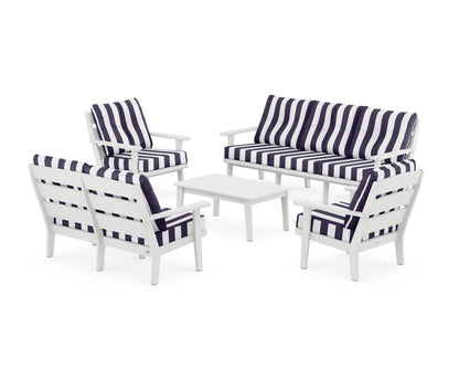 POLYWOOD® Lakeside 5-Piece Lounge Sofa Set in White / Cabana Stripe Navy