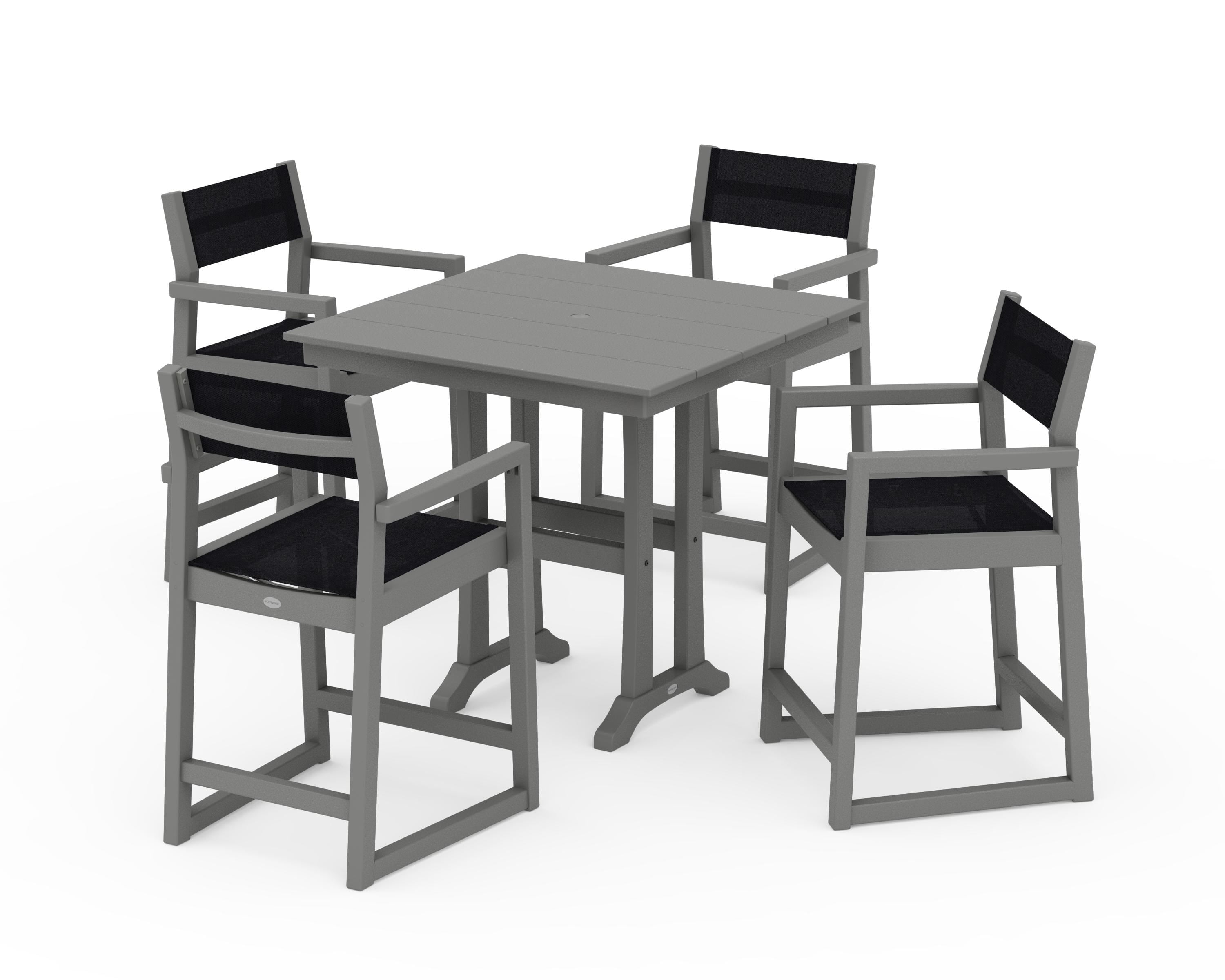 POLYWOOD® EDGE Sling Arm Chair 5-Piece Farmhouse Counter Set with Trestle Legs in Slate Grey / Black Sling