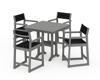 POLYWOOD® EDGE Sling Arm Chair 5-Piece Farmhouse Counter Set with Trestle Legs in Slate Grey / Black Sling