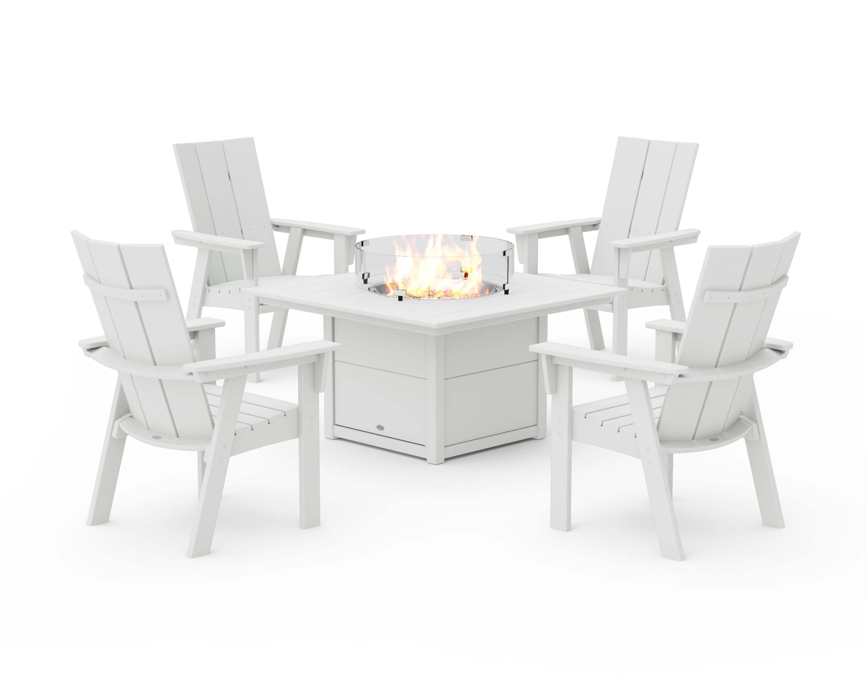 POLYWOOD® Modern 4-Piece Curveback Upright Adirondack Conversation Set with Fire Pit Table in White
