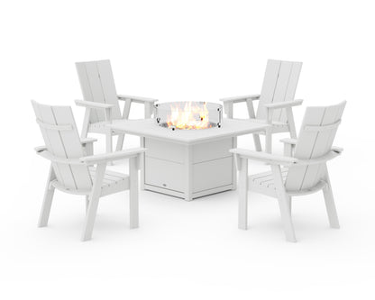 POLYWOOD® Modern 4-Piece Curveback Upright Adirondack Conversation Set with Fire Pit Table in White