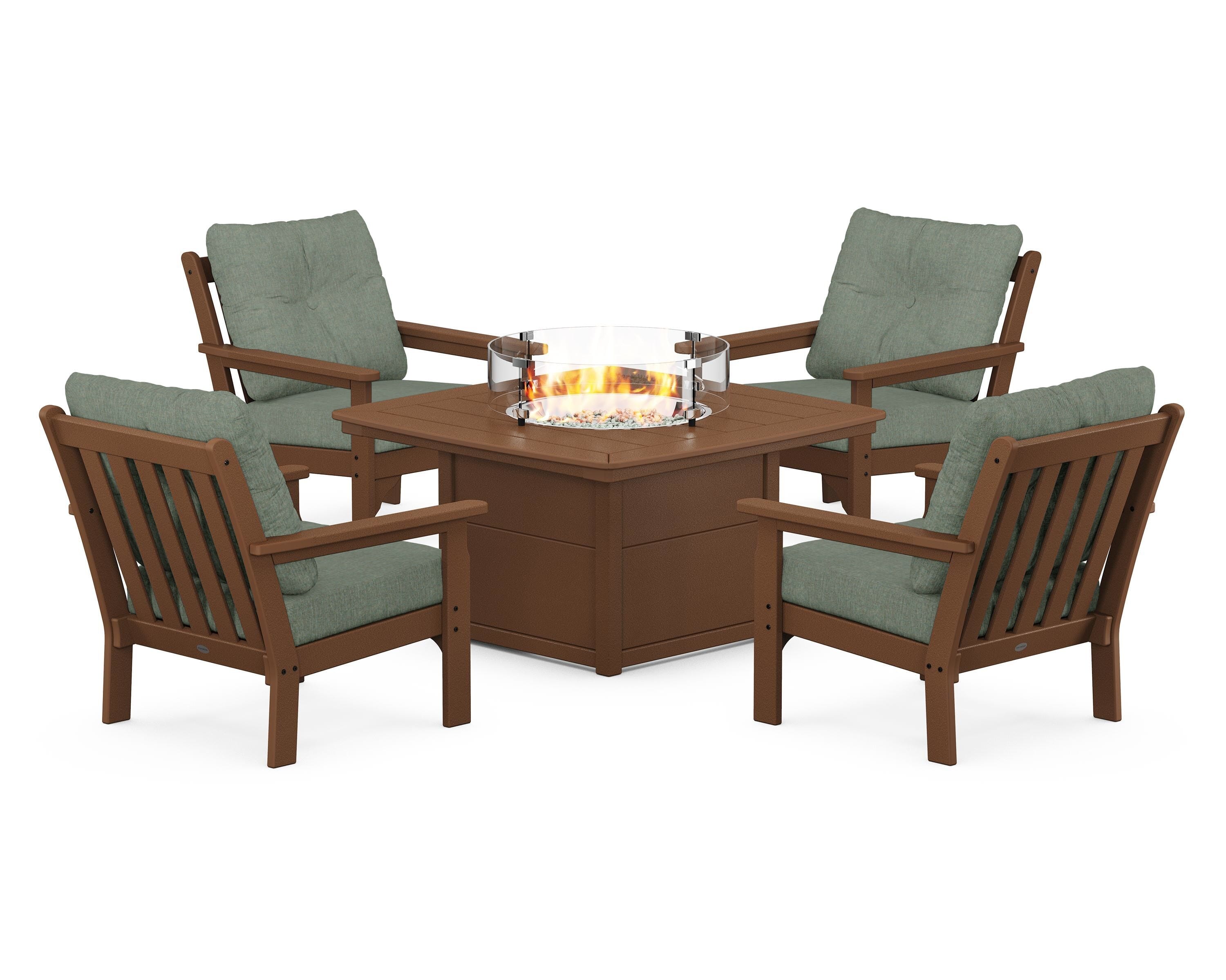 POLYWOOD® Vineyard 5-Piece Conversation Set with Fire Pit Table in Teak / Cast Sage
