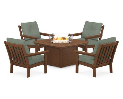 POLYWOOD® Vineyard 5-Piece Conversation Set with Fire Pit Table in Teak / Cast Sage
