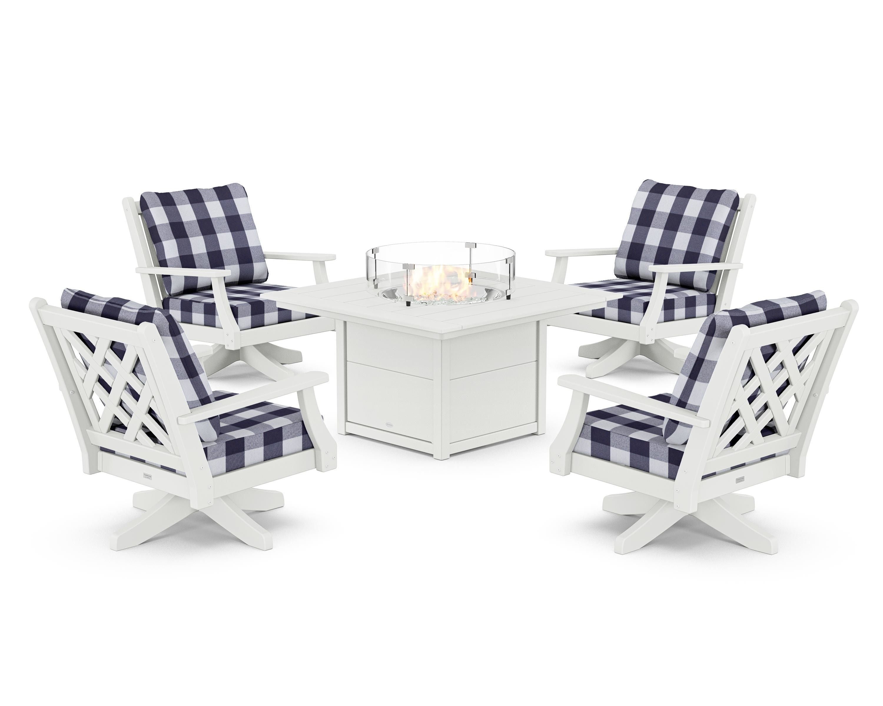 Country Living Wovendale 5-Piece Deep Seating Swivel Conversation Set with Fire Pit Table in White / Buffalo Plaid Navy