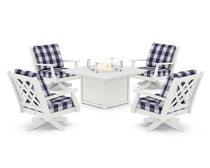 Country Living Wovendale 5-Piece Deep Seating Swivel Conversation Set with Fire Pit Table in White / Buffalo Plaid Navy
