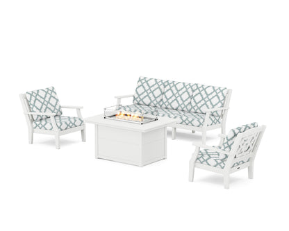 Martha Stewart by POLYWOOD® Chinoiserie Deep Seating Fire Pit Table Set in White / Trellis Glacier Spa