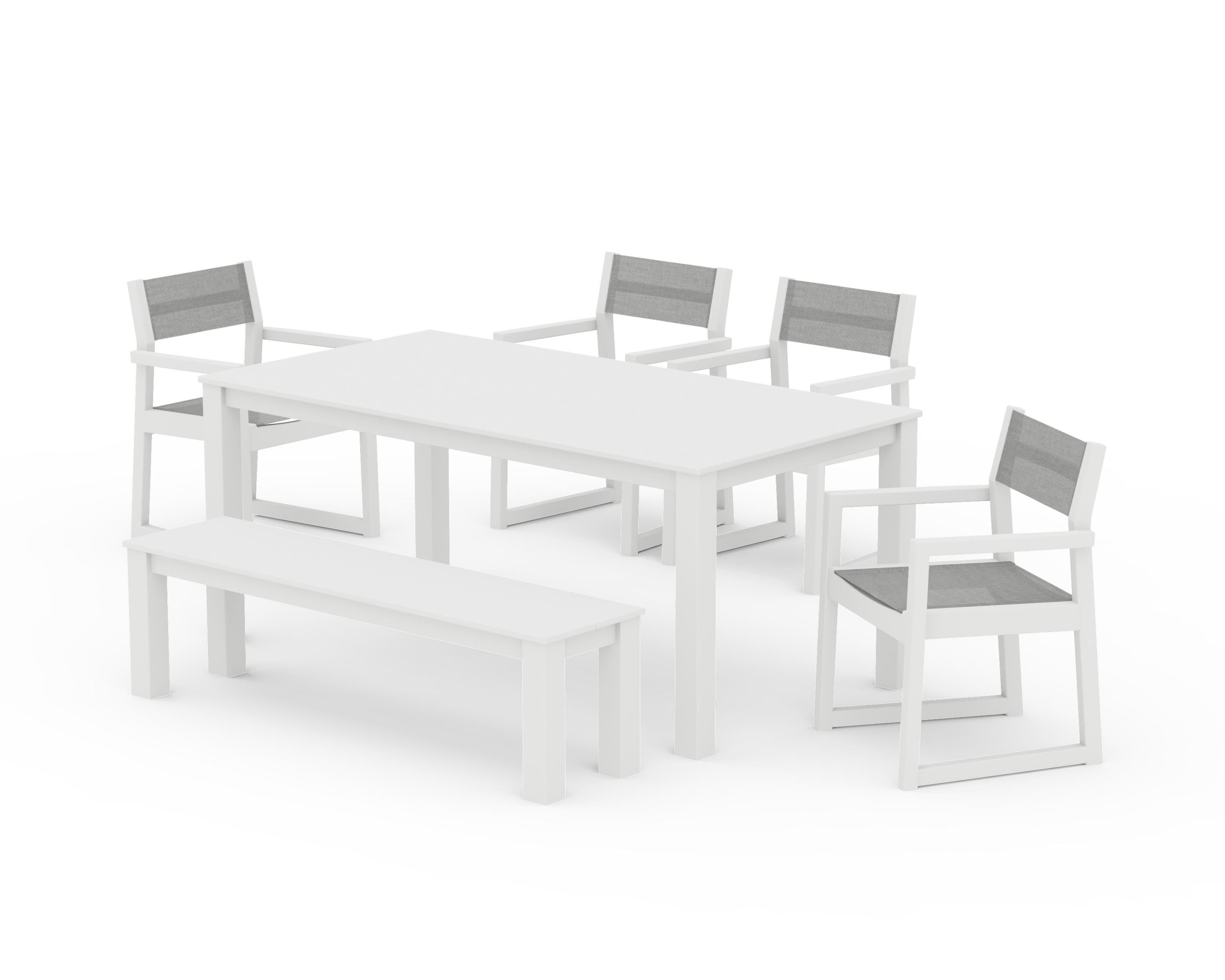 POLYWOOD® EDGE Sling Arm Chair 6-Piece Parsons Dining Set with Bench in White / Metallic Sling