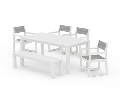POLYWOOD® EDGE Sling Arm Chair 6-Piece Parsons Dining Set with Bench in White / Metallic Sling