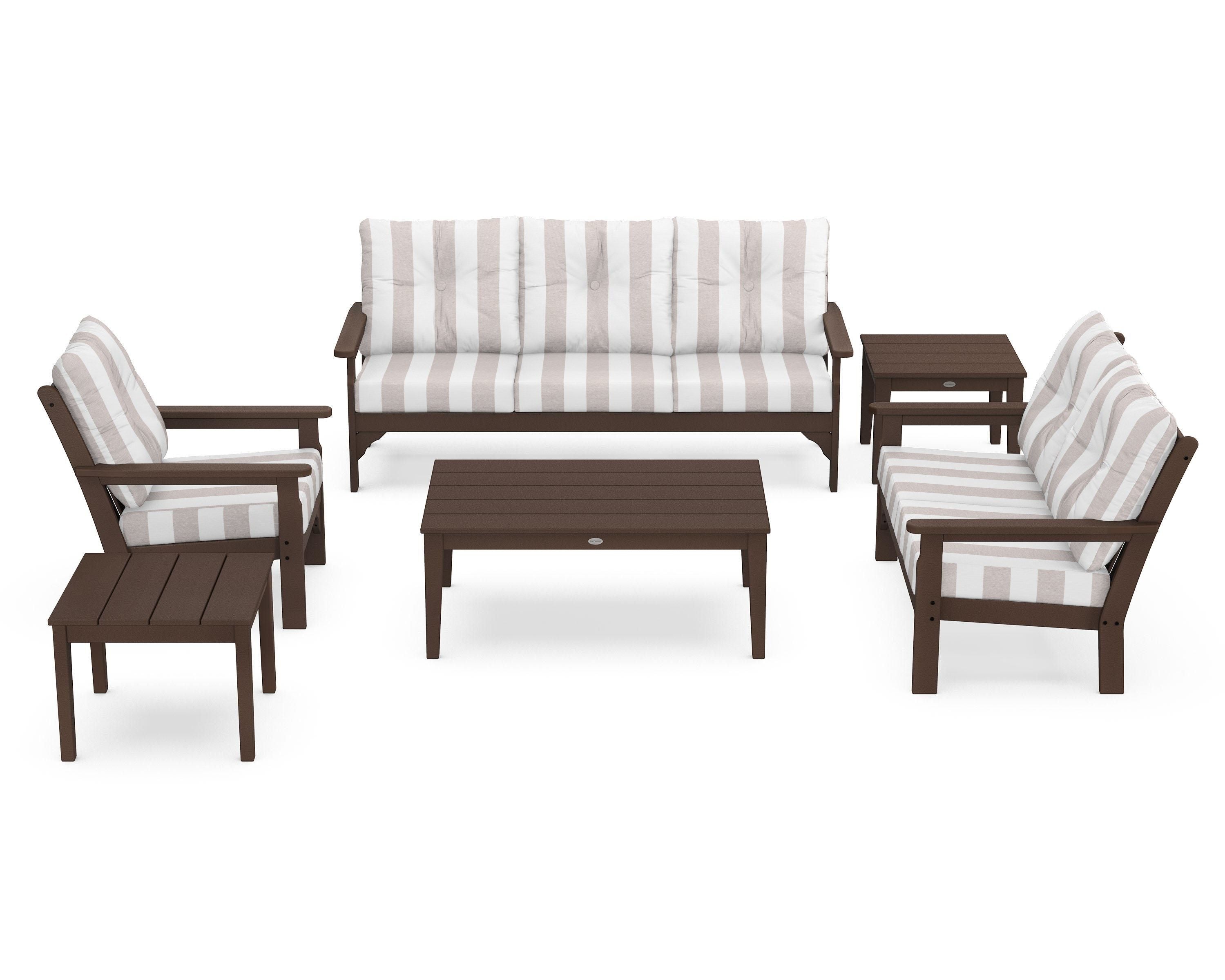 POLYWOOD® Vineyard 6-Piece Deep Seating Set in Mahogany / Cabana Stripe Dune Burlap