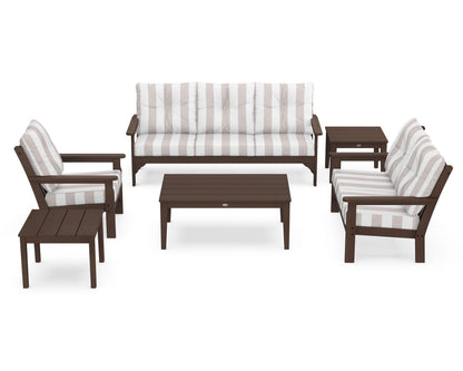 POLYWOOD® Vineyard 6-Piece Deep Seating Set in Mahogany / Cabana Stripe Dune Burlap