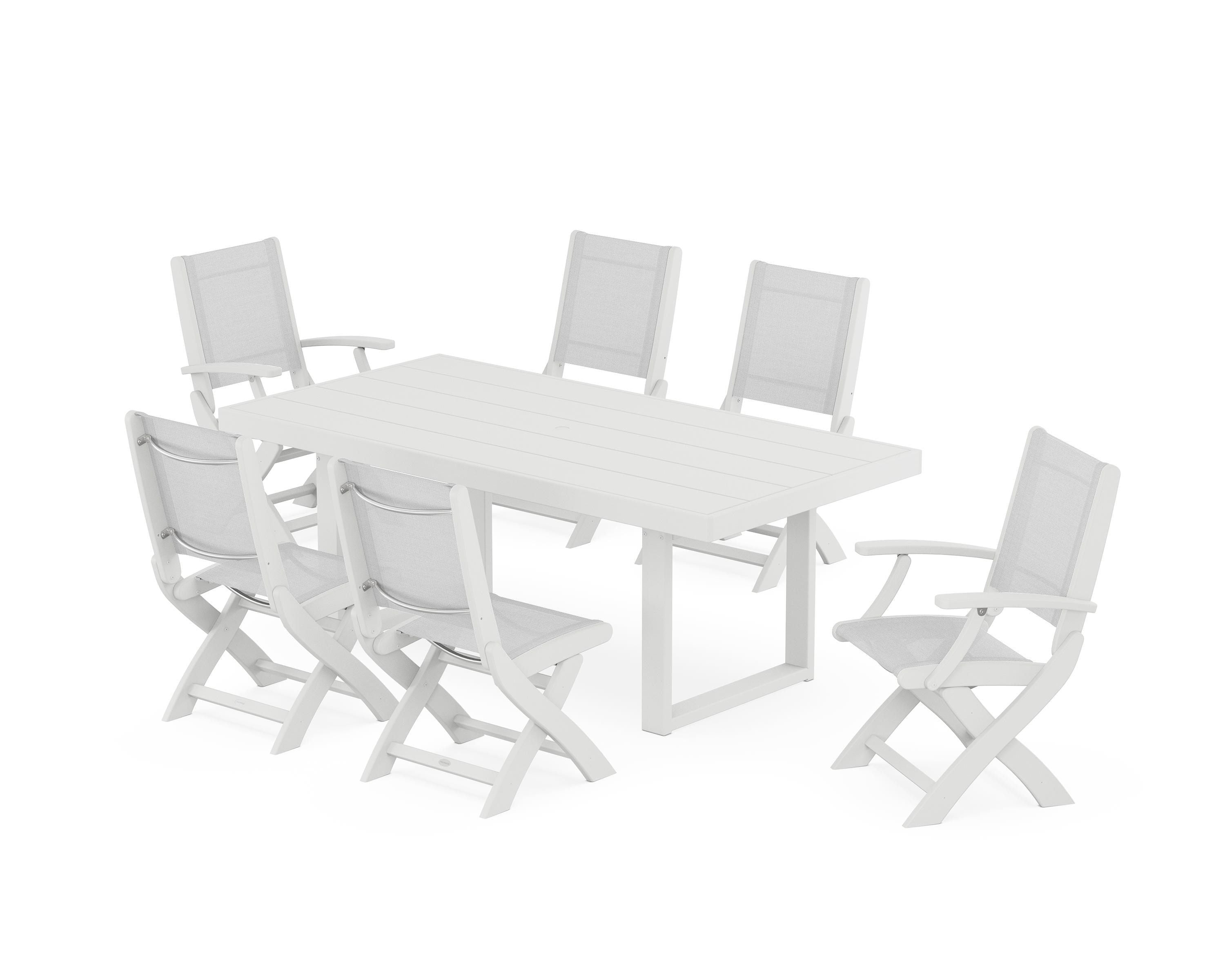 POLYWOOD® Coastal Folding Chair 7-Piece Dining Set with Trestle Legs in White / White Sling