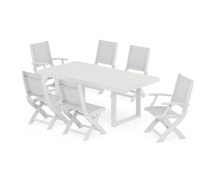 POLYWOOD® Coastal Folding Chair 7-Piece Dining Set with Trestle Legs in White / White Sling
