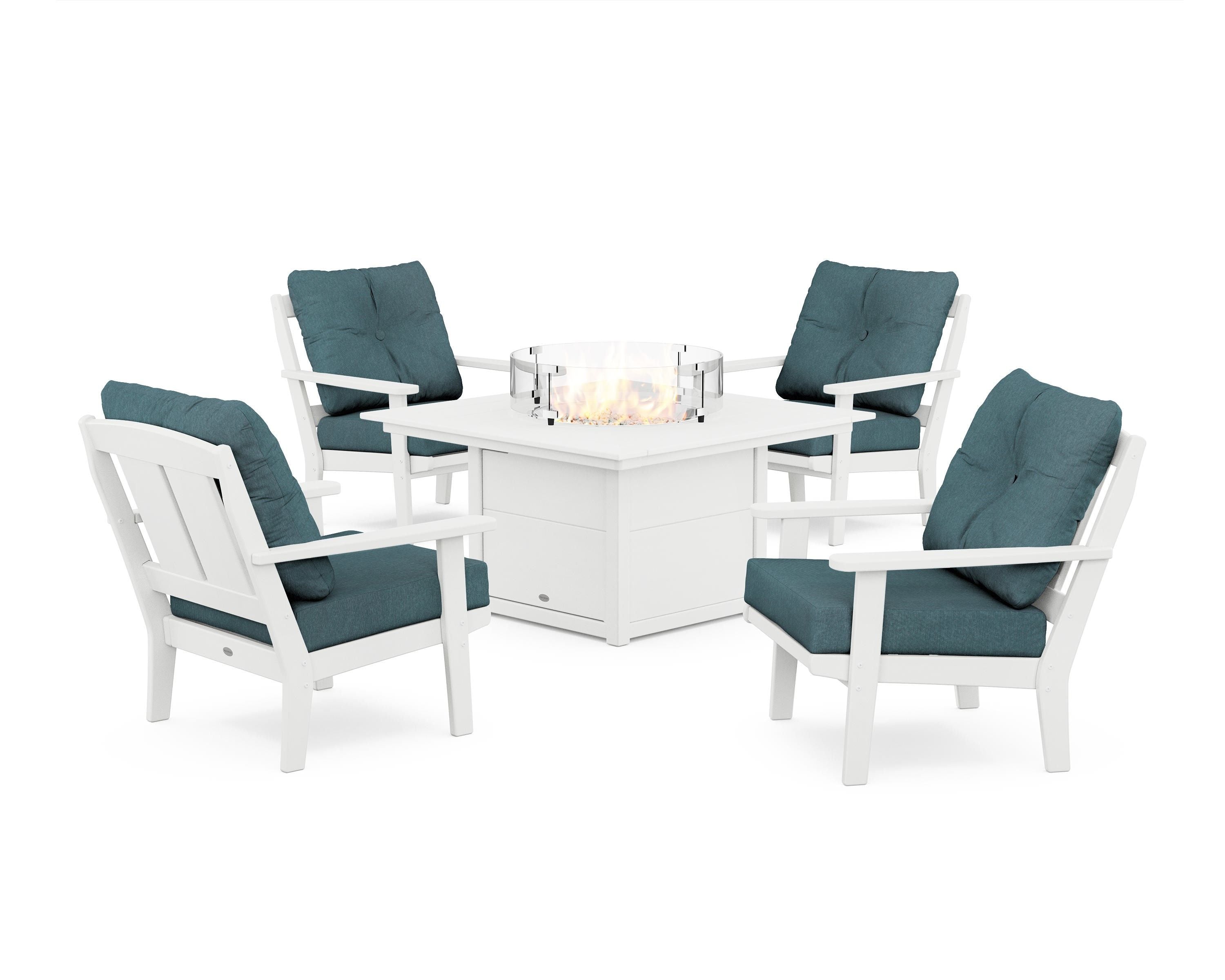 POLYWOOD® Mission 5-Piece Deep Seating Set with Fire Pit Table in White / Ocean Teal