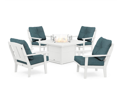 POLYWOOD® Mission 5-Piece Deep Seating Set with Fire Pit Table in White / Ocean Teal