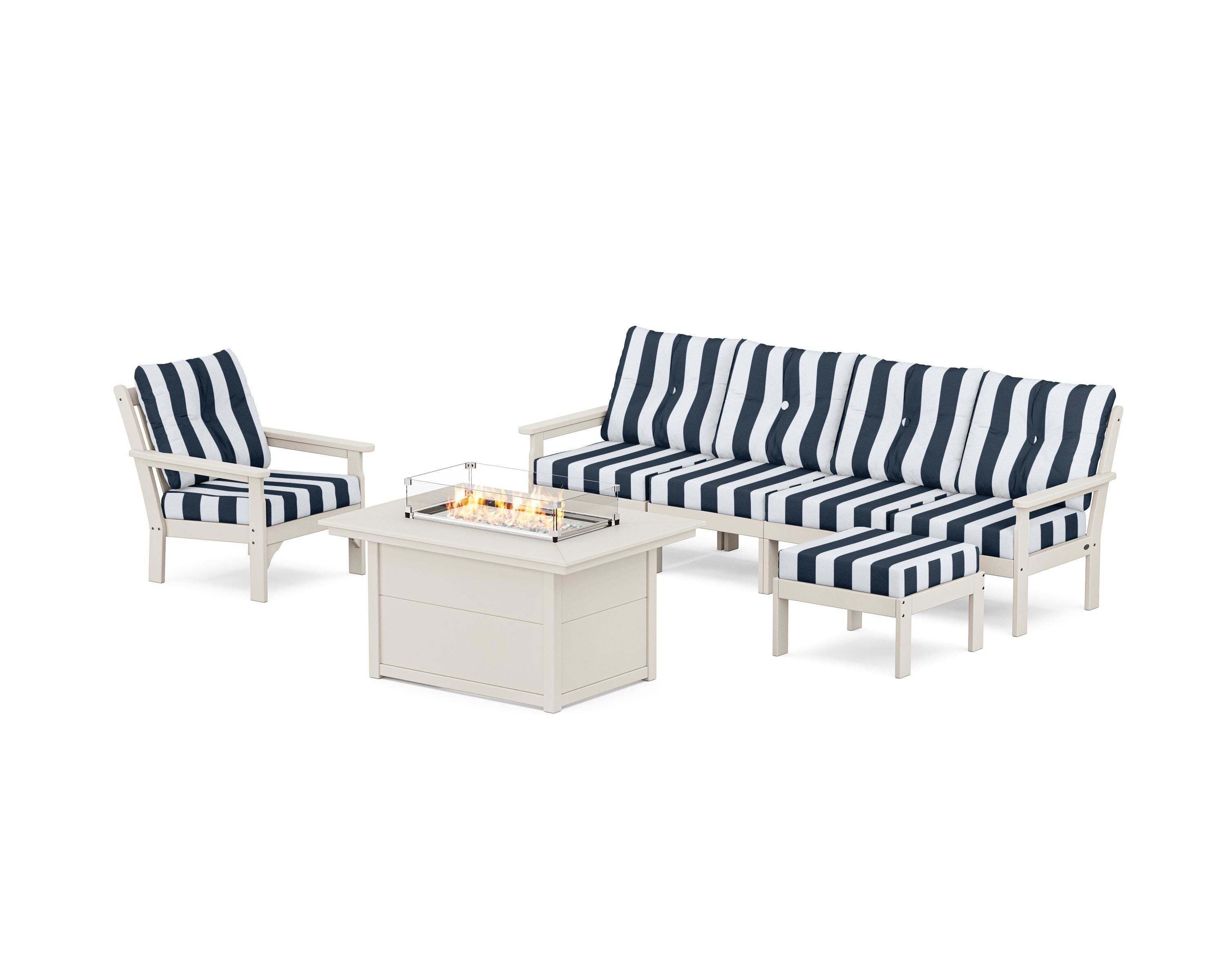 POLYWOOD® Vineyard Sectional Lounge and Fire Pit Set in Sand / Cabana Stripe Marine Indigo
