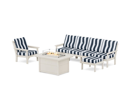 POLYWOOD® Vineyard Sectional Lounge and Fire Pit Set in Sand / Cabana Stripe Marine Indigo