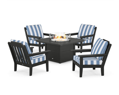Country Living Cottage 5-Piece Deep Seating Set with Fire Pit Table in Black / Cabana Stripe Sky Blue