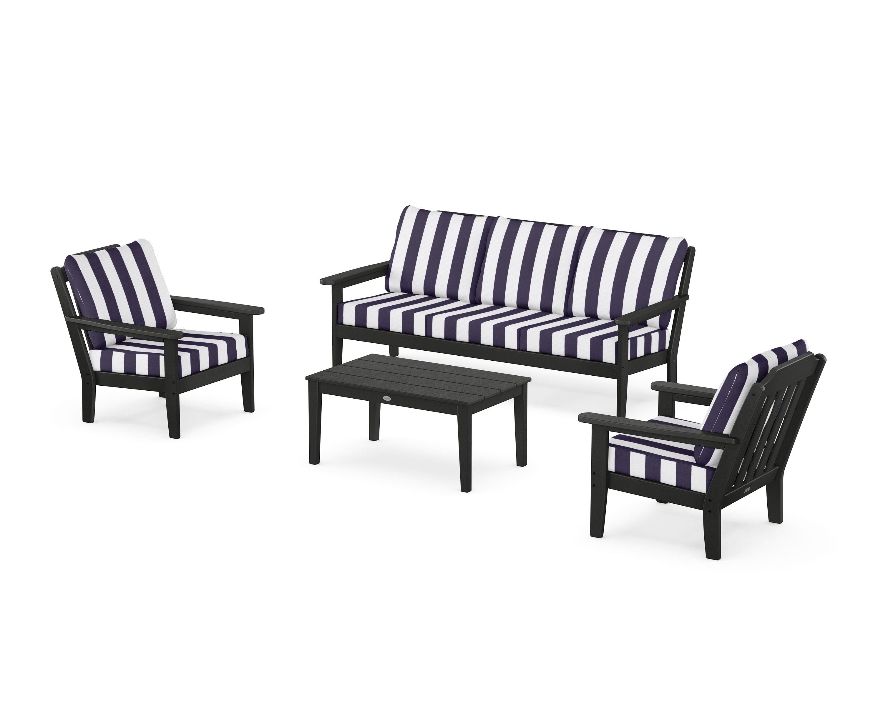 Country Living Cottage 4-Piece Deep Seating Set with Sofa in Black / Cabana Stripe Navy