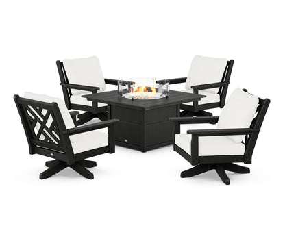 POLYWOOD® Chippendale 5-Piece Deep Seating Swivel Conversation Set with Fire Pit Table in Black / Natural Linen