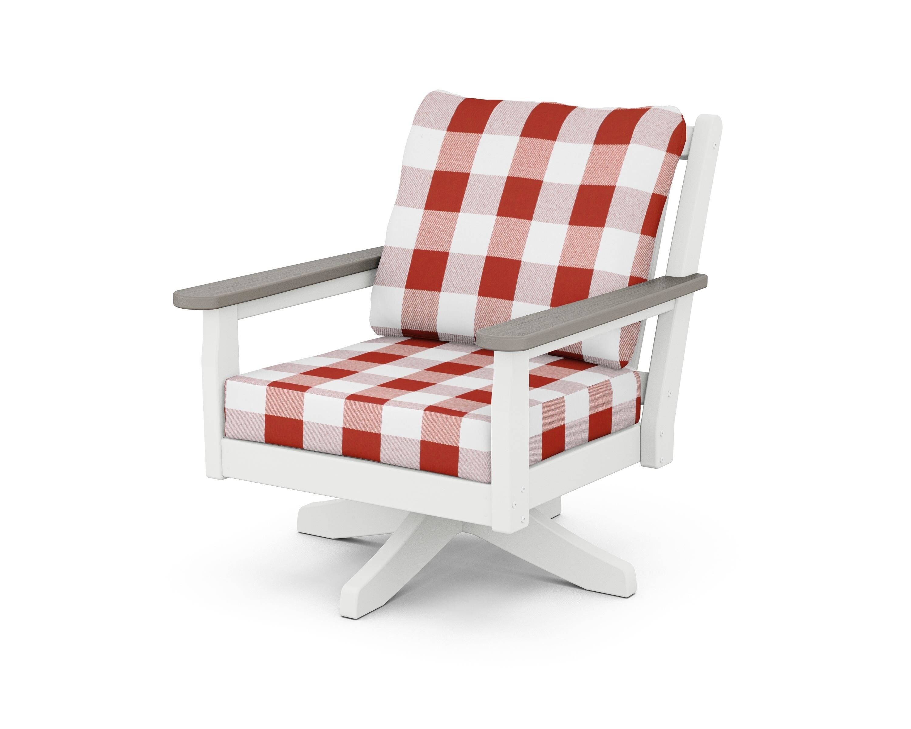 POLYWOOD® Chippendale Deep Seating Swivel Chair in White / Driftwood / Buffalo Plaid Crimson