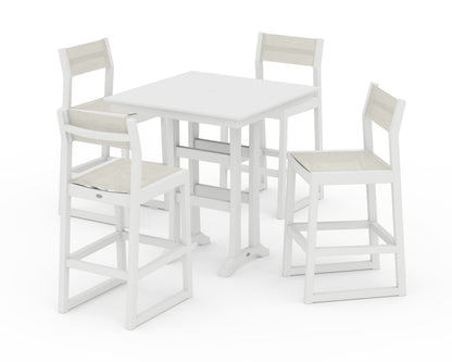 POLYWOOD® EDGE Sling Arm Chair 5-Piece Farmhouse Bar Set with Trestle Legs in White / Parchment Sling